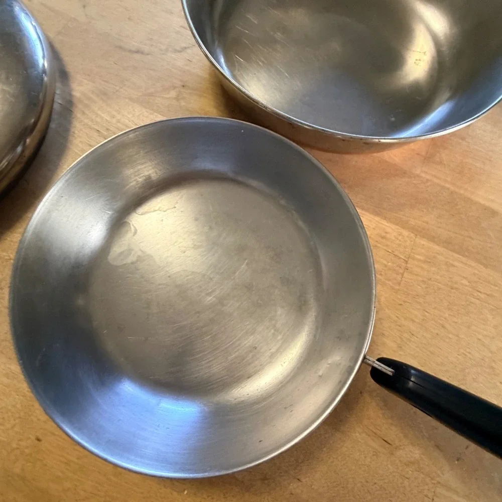 Vintage Revere Ware Copper Clad Skillet Set 2 Pans with Lids 8in and 6in